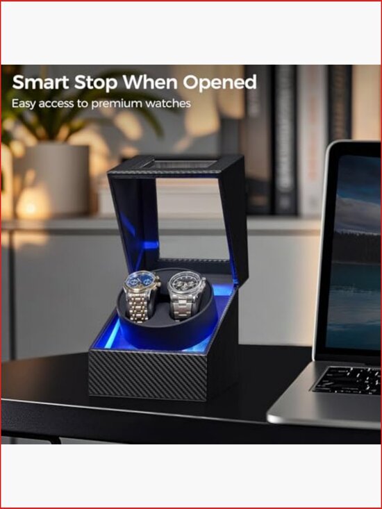 Double Watch Winder with Japanese Quiet Motor, Carbon Fiber Leather, Type-C or main image 6